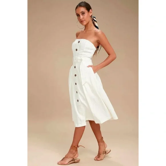 Lulus Moon River Zoie White Straplesss Belted Midi Dress - Medium, NWT - Picture 2 of 4